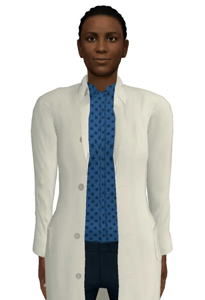 Character Dr. Grace, a female with short curly hair, wearing a white lab coat over a dark blue patterned blouse and dark blue pants.