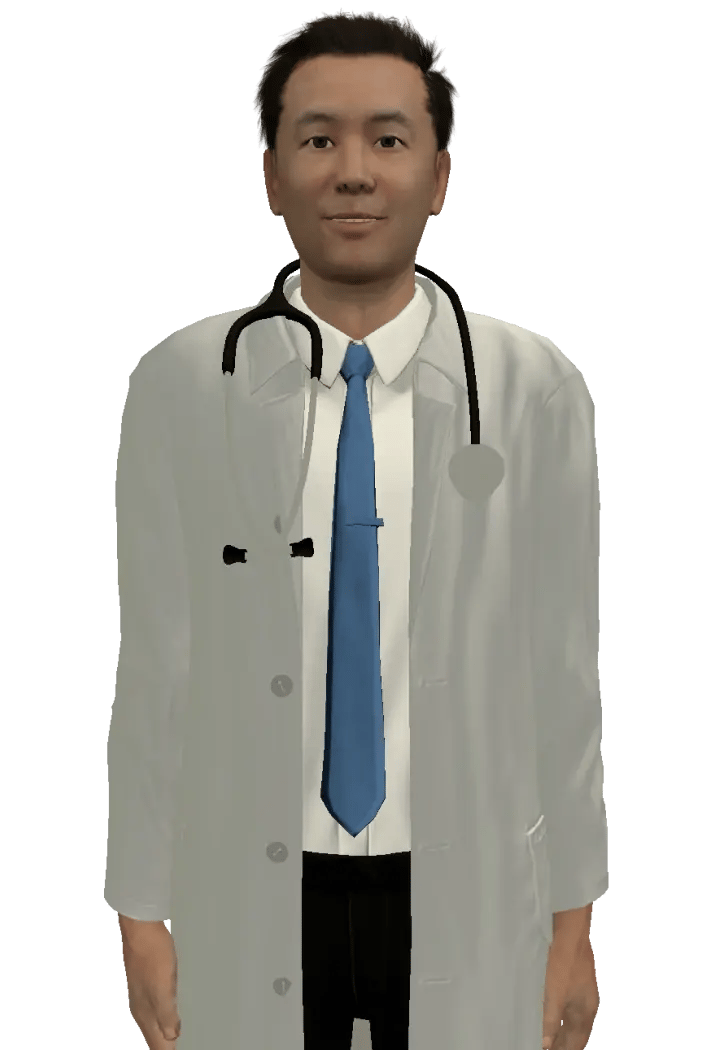 Character Dr. Huan, a male with short dark hair, wearing a white lab coat over a white shirt, blue tie, with a stethoscope around his neck.