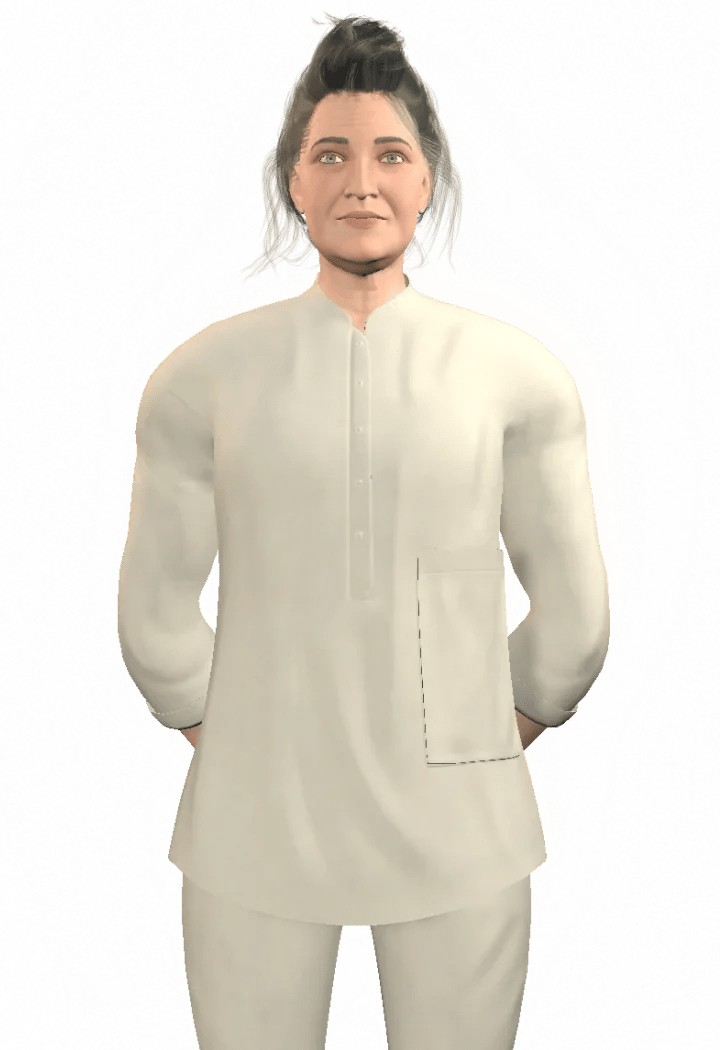 Avatar character of a woman in a full white linen top and pants with dark grey hair tied in a bun