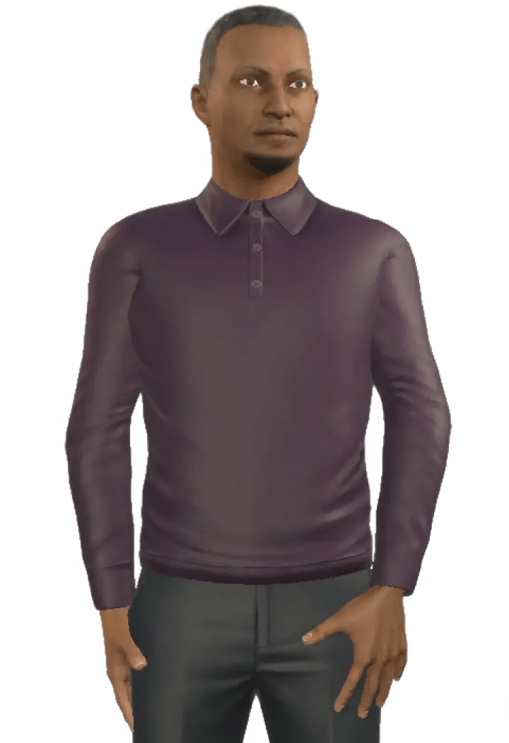 Character Abeeku, a male figure virtual coach with brown skin, wearing a purple polo shirt, and dark pants.