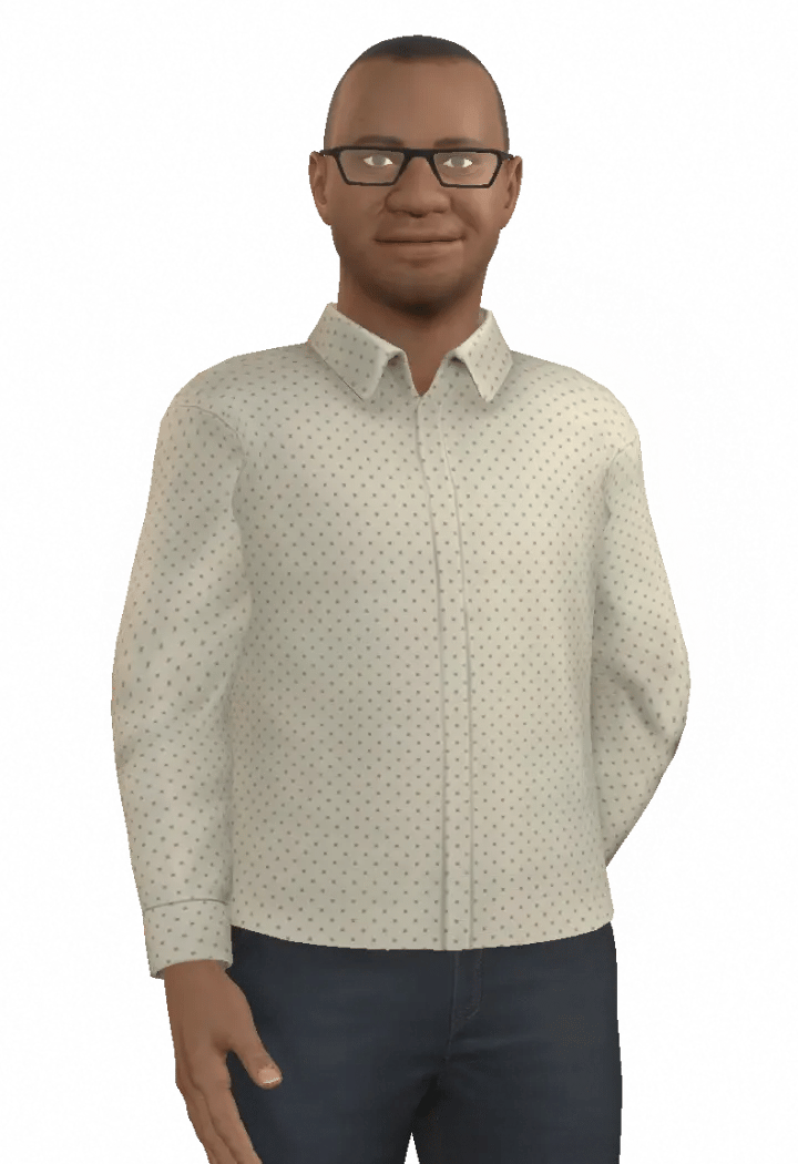 Character Ade, a man with very short hair, wearing glasses, a light-colored button-up shirt, dark blue jeans.