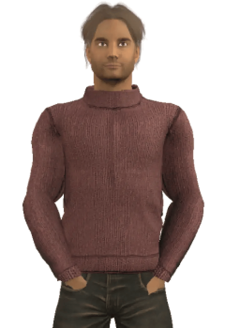 Character Ali with short, straight brown hair, wearing a maroon sweater, and dark brown jeans.