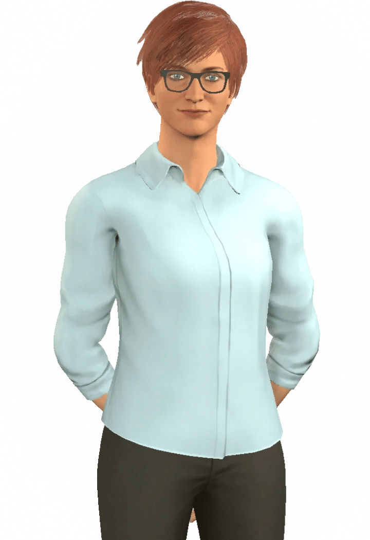 Character Alice Evans, woman with short reddish-brown hair, glasses, light blue shirt, and dark gray pants.