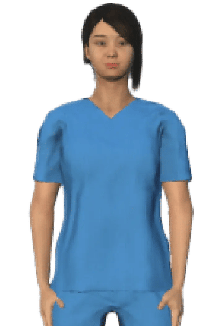 Character Ambika Kaling with asymmetrical dark-brown  hair, wearing blue medical scrubs.