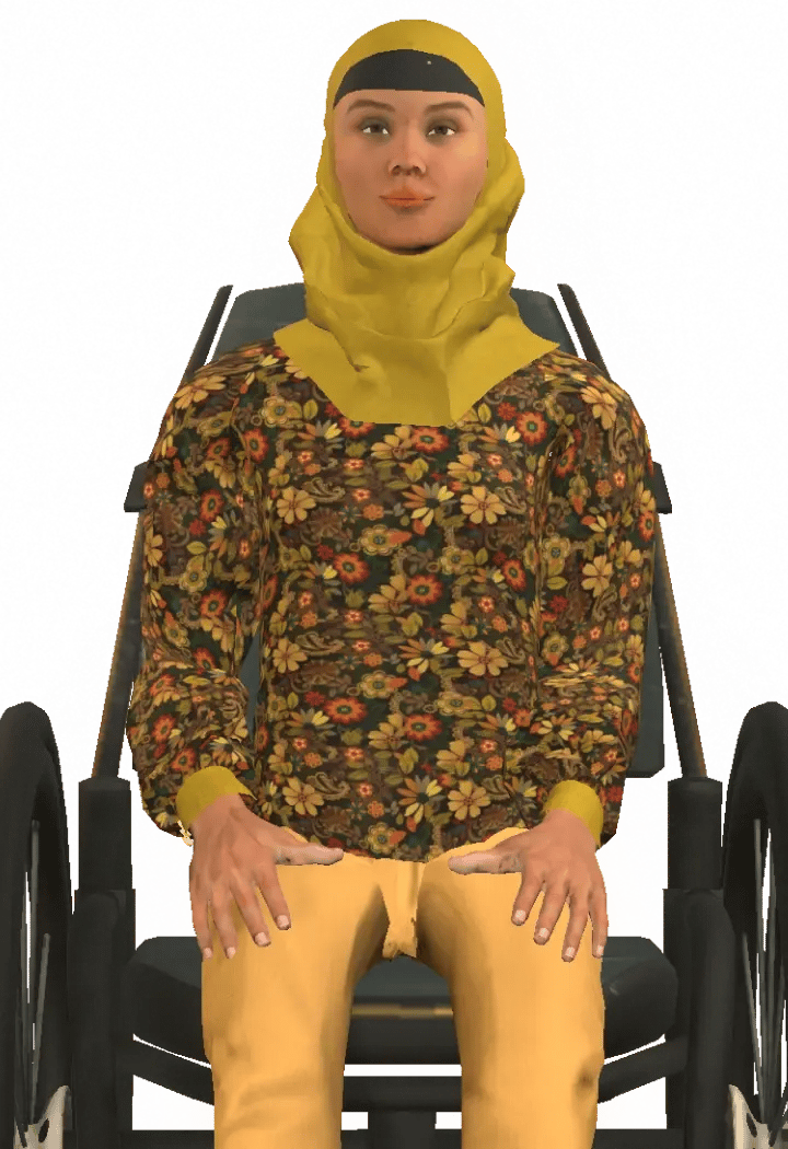 Character Ameera dressed as a hospital patient, wearing a yellow hijab and floral blouse, seated in a wheelchair.