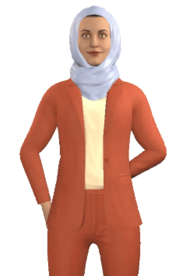 Character Amira wearing an orange suit, light beige top, and a light blue hijab,