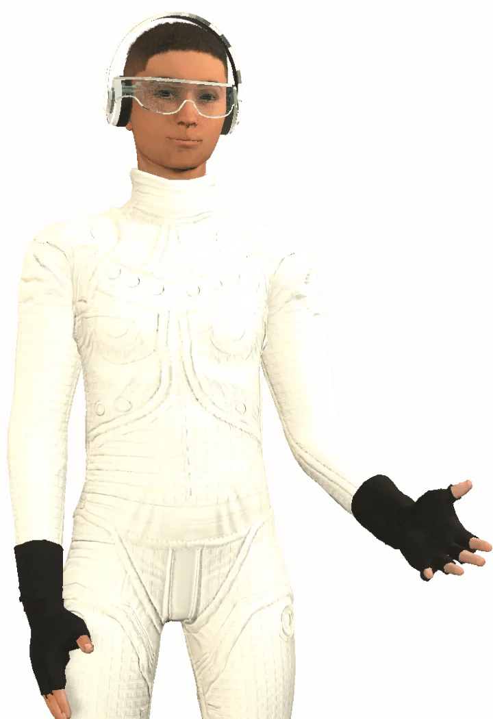 Character Asha, Guardian of Hope, in a futuristic skintight white suit with a clear visor, and black fingerless gloves.