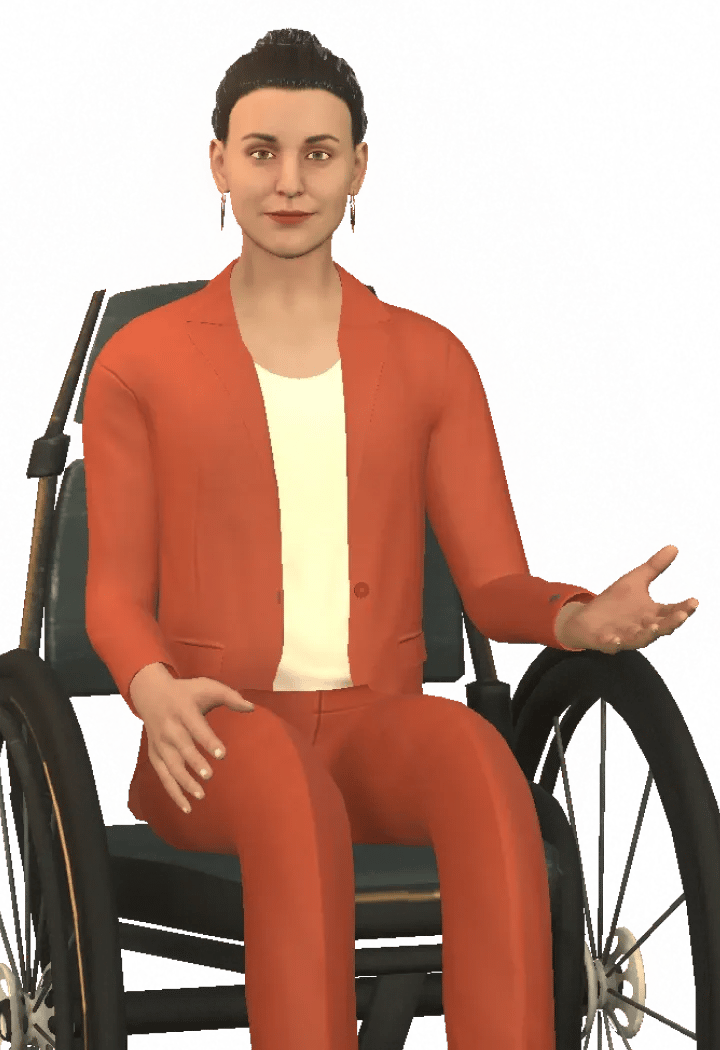 Character Ashley in an orange suit sitting in a wheelchair.