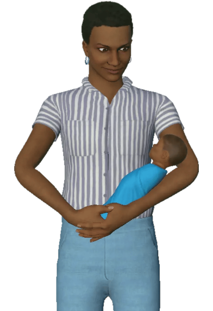 Character Camila, a female patient holding a baby, wearing a purple and white striped shirt, and blue jeans.