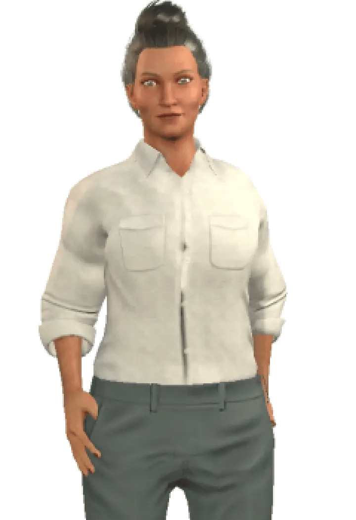 Character Cyd, a female with gray hair in a bun, wearing a beige collared shirt, and olive green pants.