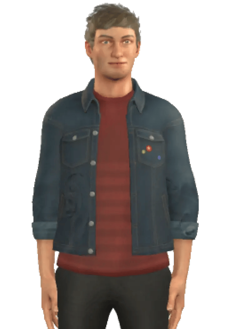 Character Dan Munro with short, tousled brown hair, in a dark denim jacket over a maroon shirt, and black pants.