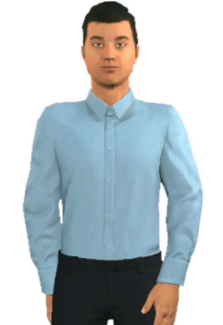 Character Danny, a male with short black hair, is wearing a light blue button-up shirt, dark trousers