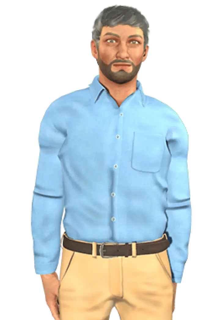 Character Emmanuel with short, dark, combed-back hair with gray streaks and a short beard, wearing a light blue collared shirt, and beige trousers.