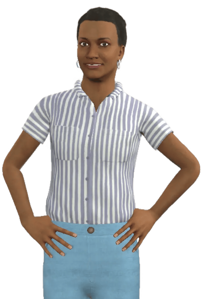  Character Faye in a striped shirt and light blue pants standing with hands on hips.