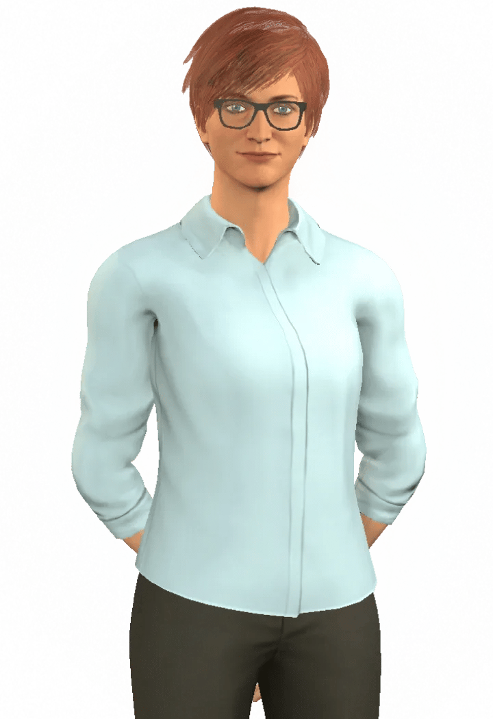 Character Florence, woman with short reddish-brown hair, glasses, light blue shirt, and dark gray pants.