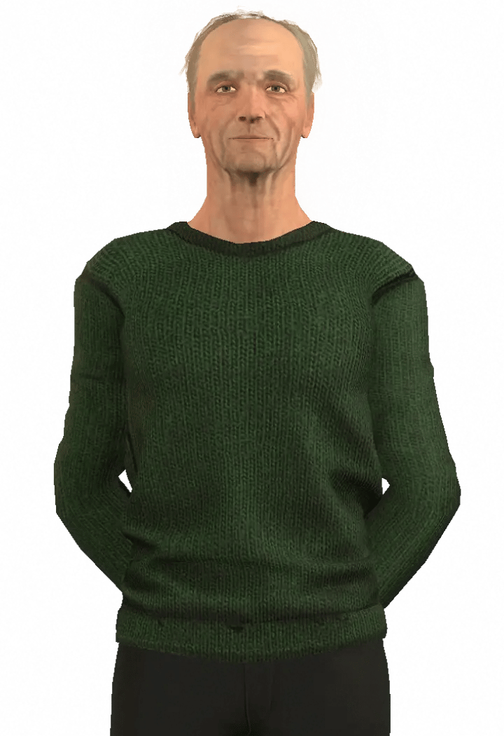 Character Geoffrey, a realistic rendering of an older man with gray hair, wearing dark green sweater and black pants.