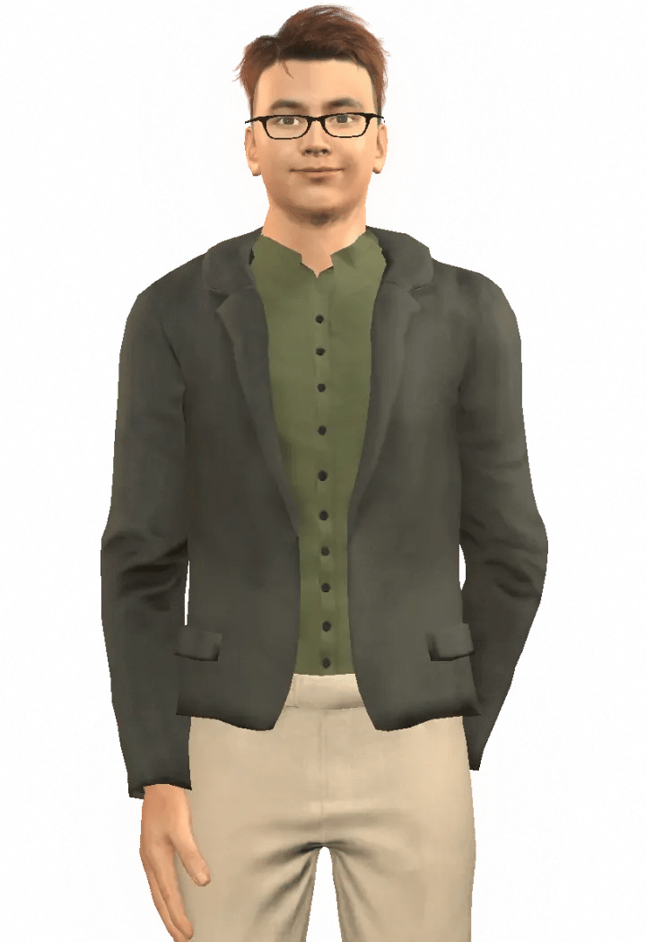 Character James with brown hair, black glasses, a dark grey blazer, a green shirt, and beige pants.