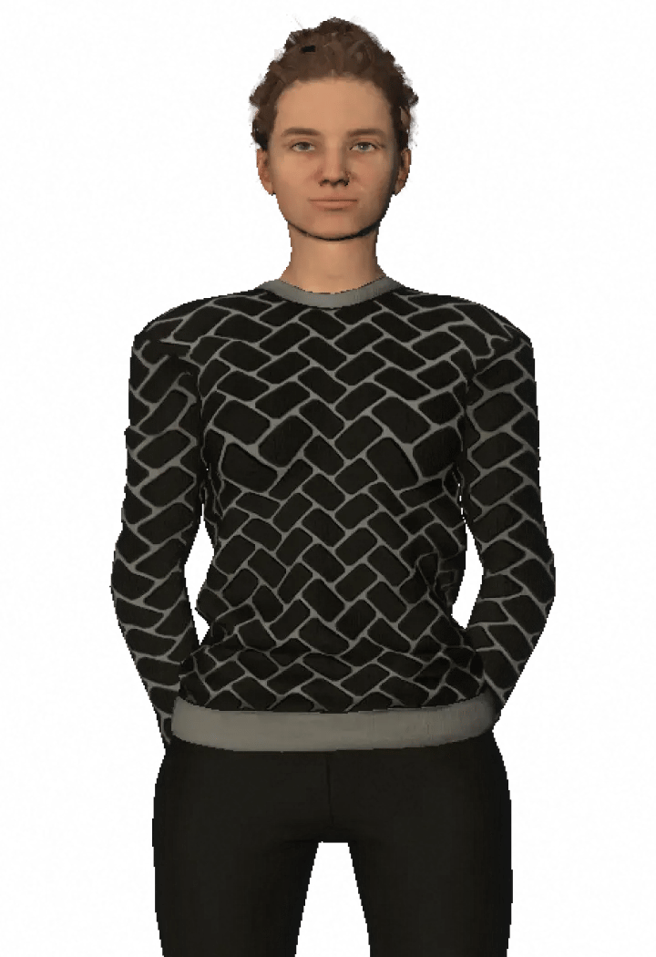 Character Joanna with short, neatly styled hair, wearing a black sweater with a geometric white pattern, and black pants.