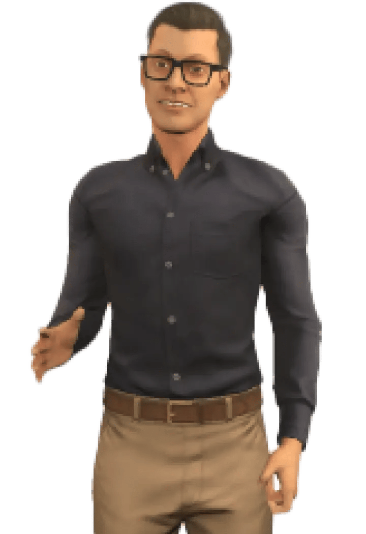 Character Joe Evans, a male with dark hair wearing a dark blue shirt, beige pants, and glasses.