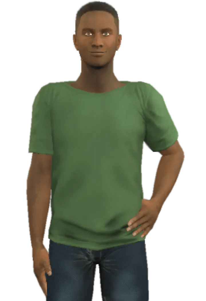 Character Kevin with short black hair and brown skin, wearing a green shirt and blue jeans.