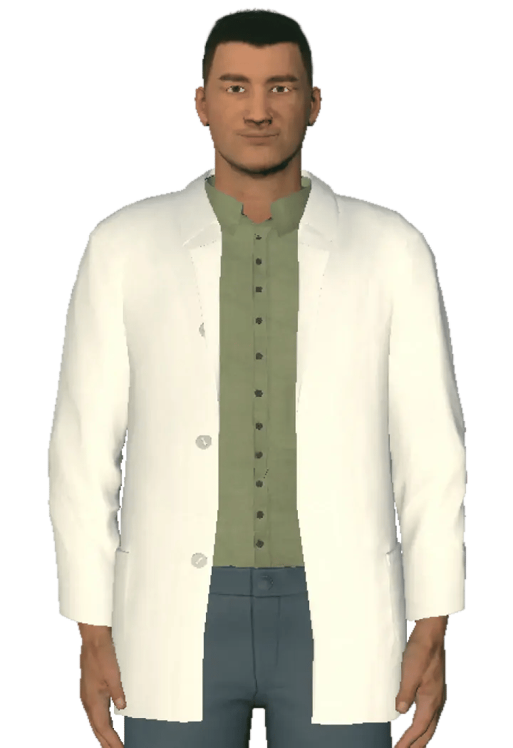 Character Luke, an American male doctor with short dark hair, wearing a white lab coat, green shirt, blue pants.