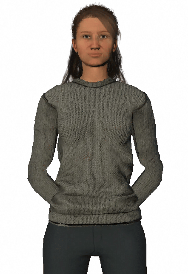 Character Melaina, a female with dark brown hair in a low ponytail, wearing a gray knit top and dark gray pants.