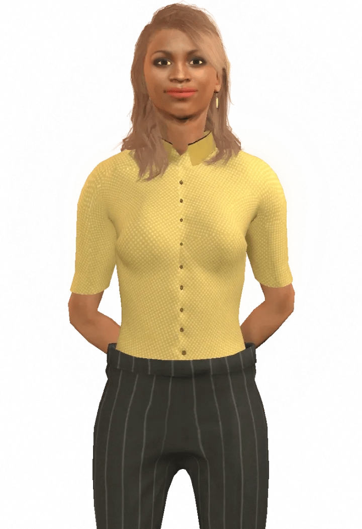 Character Nia with light brown skin and light brown or blonde hair, wearing a yellow blouse, and black pinstriped trousers.