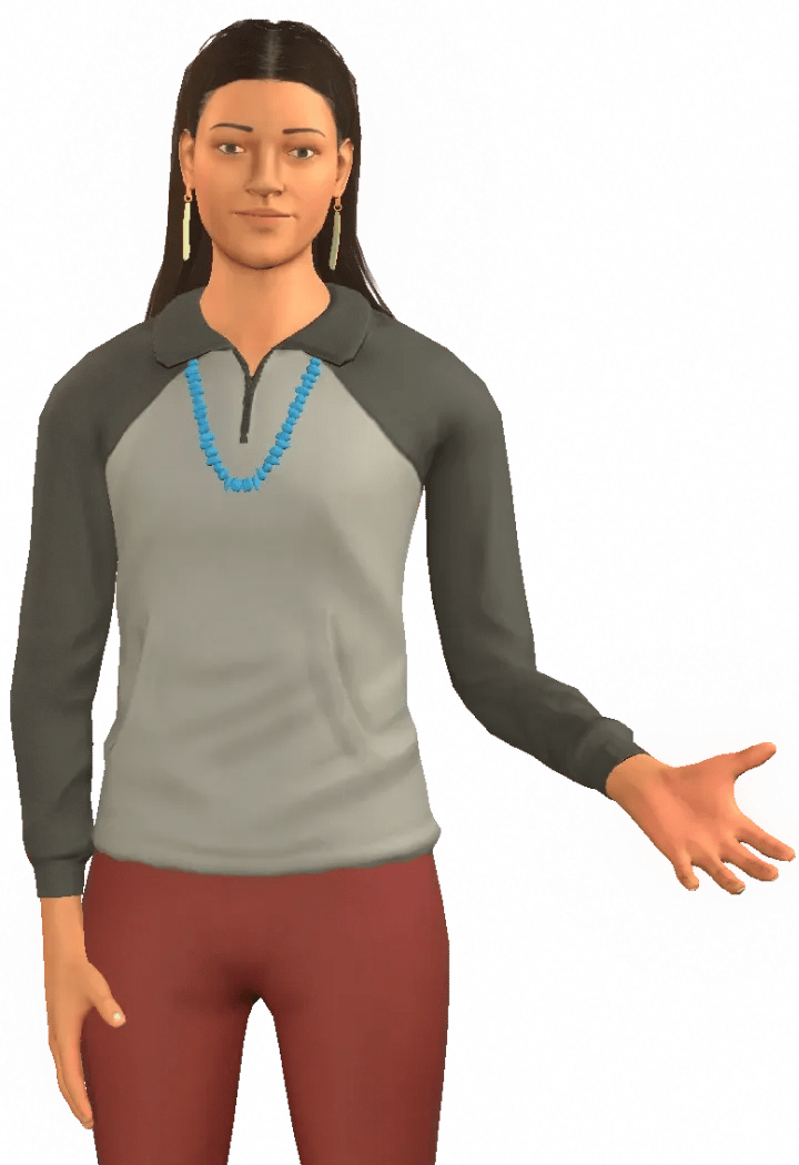 Character Nola with long dark brown hair, yellow earrings, grey shirt, maroon pants, and a blue necklace, standing hands behind back.