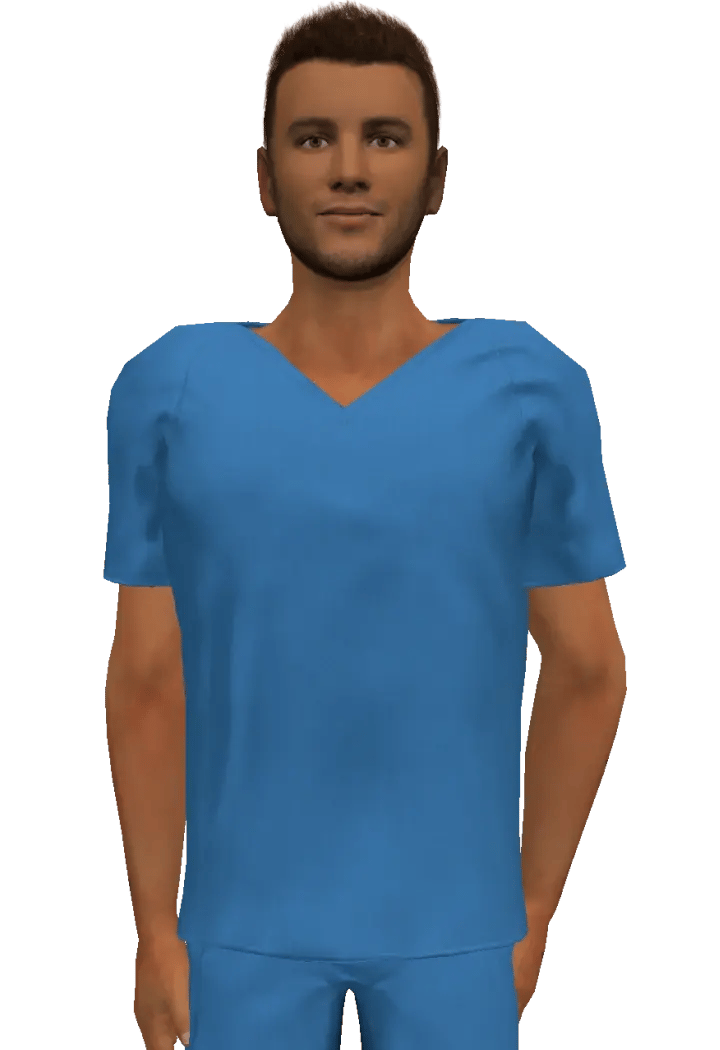 Character nurse Peter with short dark hair, and tanned skin, wearing blue scrubs