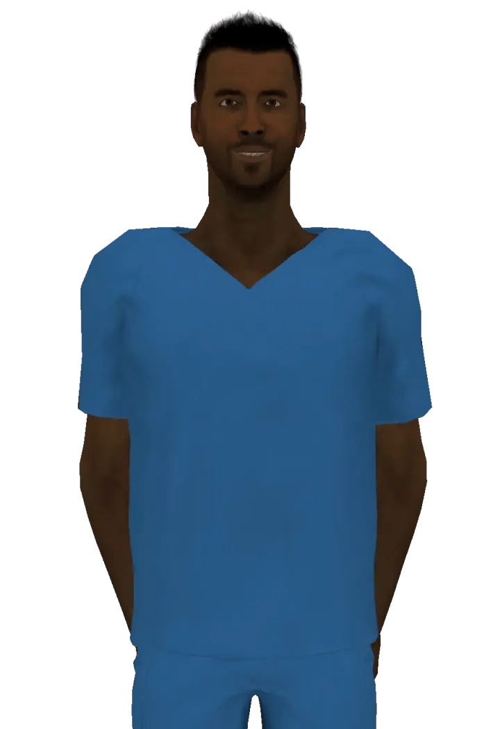 Character nurse named Zackary with short black hair and dark skin, dressed in a blue scrub top and pants.