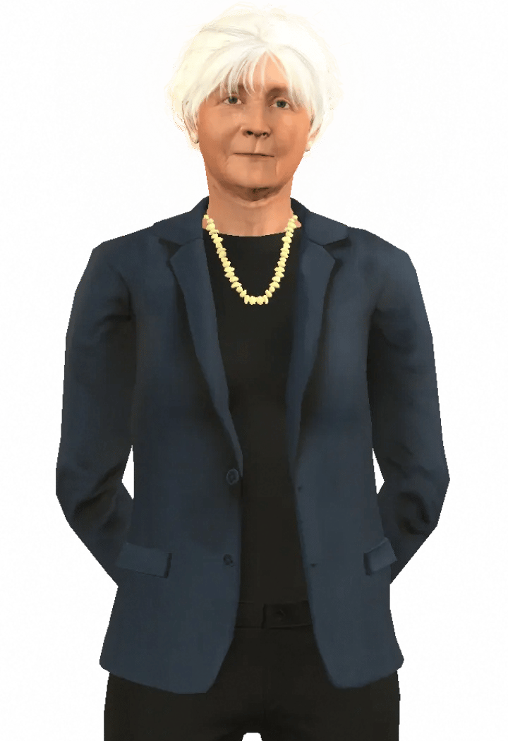 Elderly character Professor Dame Lesley Fallowfield, a woman with short white hair, wearing navy blue blazer, black shirt, black pants, and gold necklace.