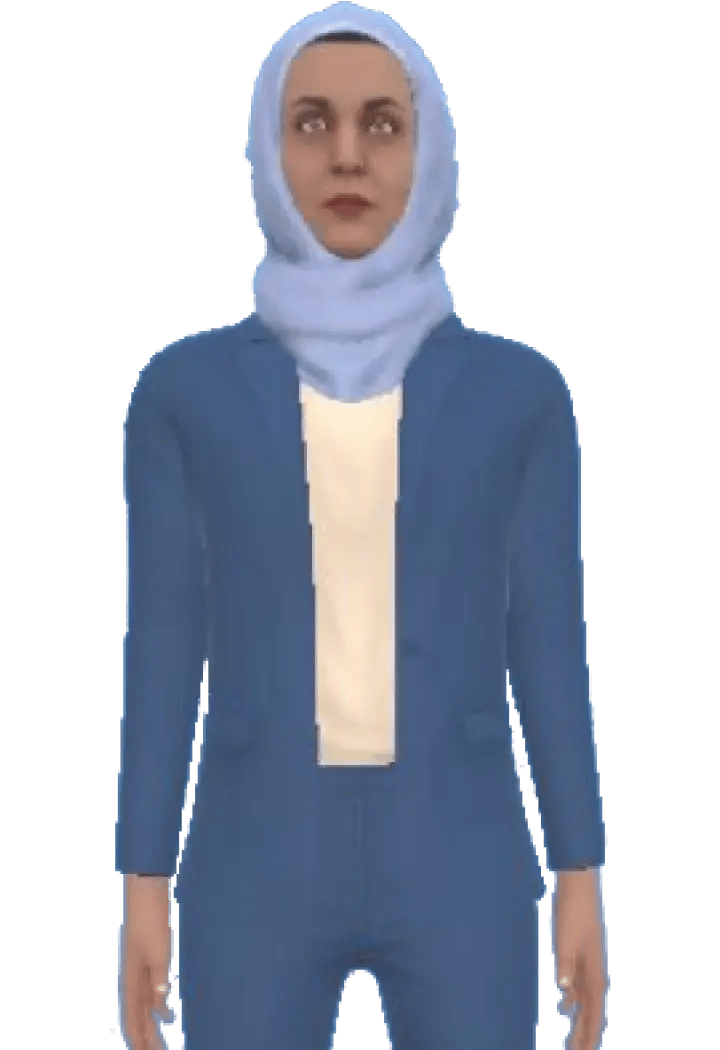 Character Shayla, a female wearing a light blue hijab, blue blazer, and cream-coloured shirt.