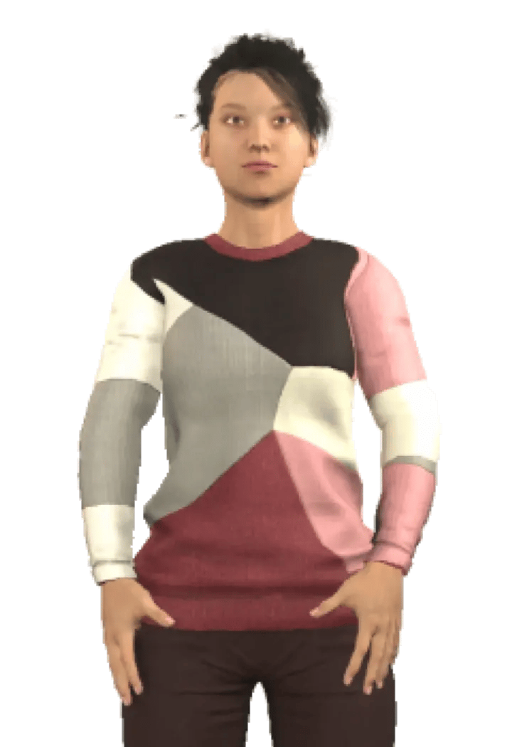 Character Shui with short dark hair, wearing a color-block sweater in pink, off-white, gray, and black, and dark brown pants.