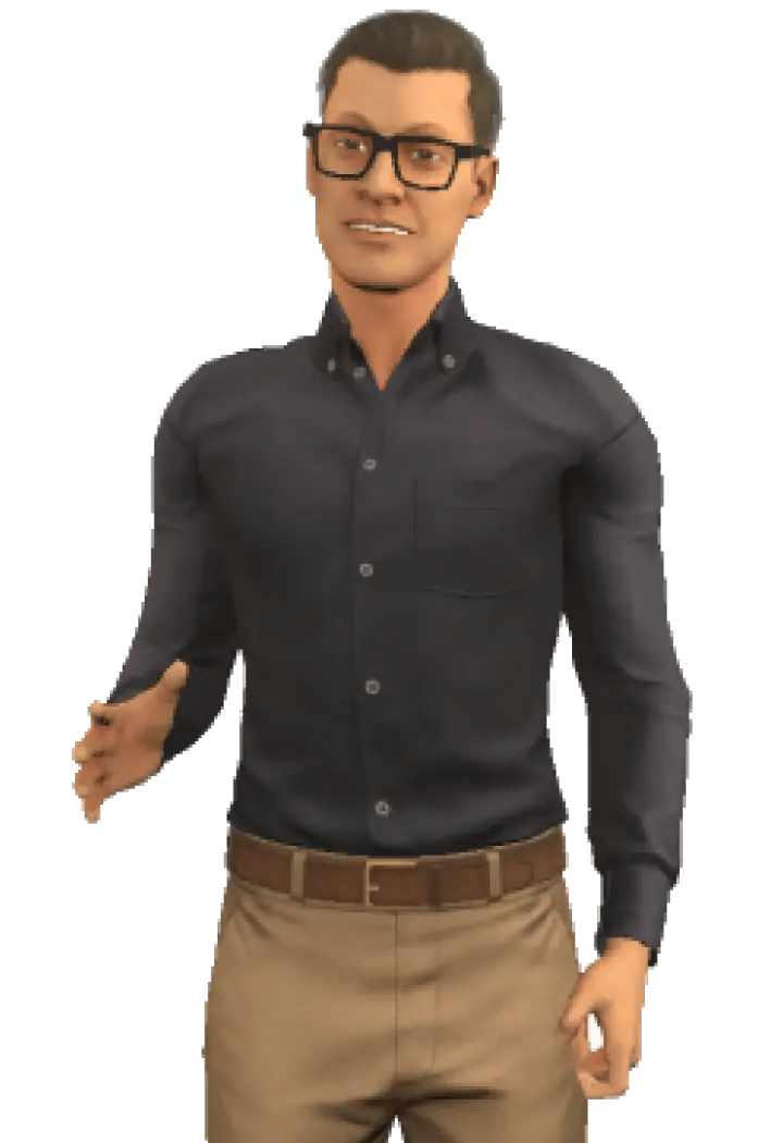 Character Zak with short, neatly combed hair and black-framed glasses, wearing a dark shirt, and light brown trousers.