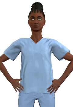 Avatar roleplay of a female nurse with cornrowed black hair tied in a bun, wearing blue scrubs with her hands on her hips