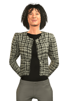 Middle-aged woman with curly black hair in a bob and formal workwear