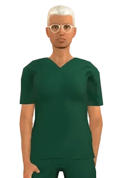 Avatar roleplay of a young, olive skinned woman with short, white hair, round framed yellow reading glasses, a nose ring and green nurse scrubs with one hand behind her back