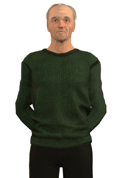 Avatar roleplay of an old man with grey balding hair, wearing a loose green jumper and black pants, with hs=is hands behind his back