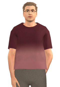 Man with short blonde hair and black reading glasses wearing a maroon ombre tshirt and holding one hand behind his back