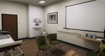 Environment, consultation room with two chairs, a sink, a whiteboard, and a framed artwork.