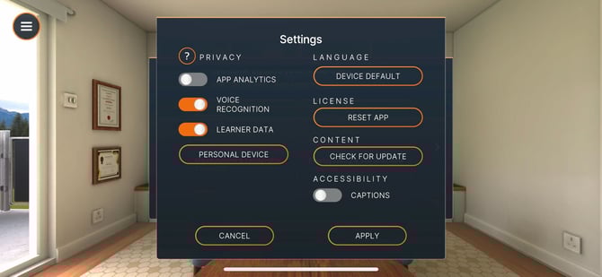 Screen capture of the in-app setting panel with various toggles and buttons.
