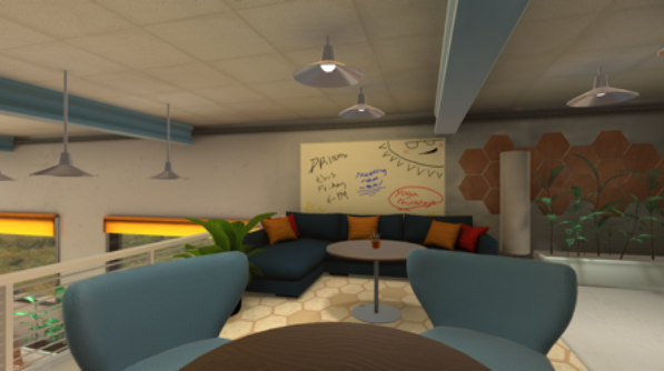 Environment, breakout room with a dark blue sectional sofa, colourful cushions, a coffee table, potted plants, windows with orange blinds, and a whiteboard with handwritten notes.