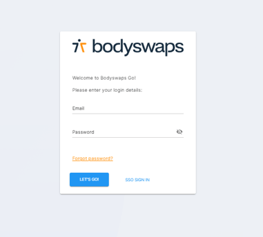 Bodyswaps Go sign-in screen with Email, Password fields, and SSO Sign In link.