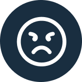 Dark blue circular icon with a white outline angry/sad face emoticon.