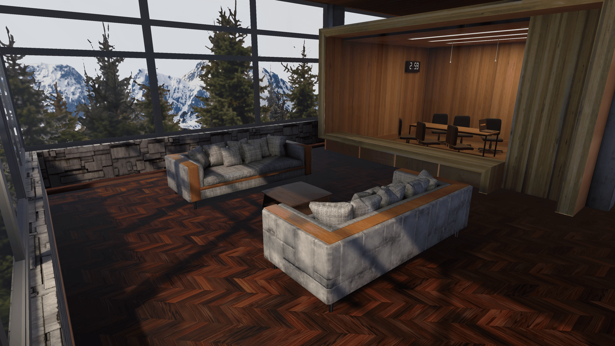 Environment, indoor living area with large windows, two grey sofas, a glass coffee table, and a raised wooden platform with a meeting area and a digital clock showing 9:30.