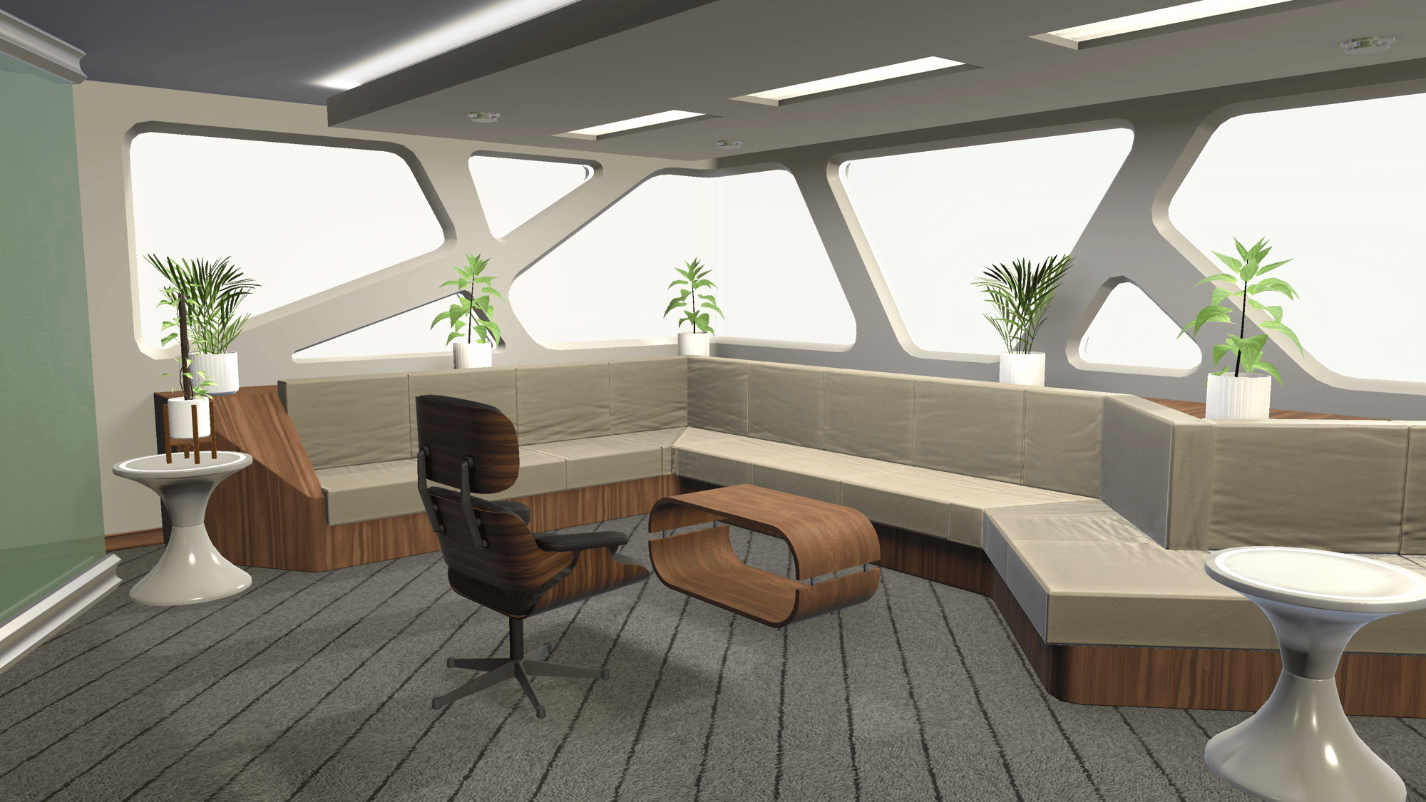 Environment, futuristic room with a beige sectional sofa, a modern lounge chair, small tables with potted plants, and geometric windows.