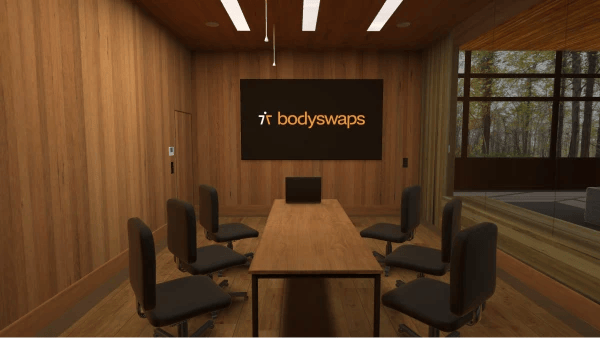 Environment, small boardroom with a wooden table, six black chairs, and a sign reading "Bodyswaps" on the back wall. Large windows show a wooded area outside.