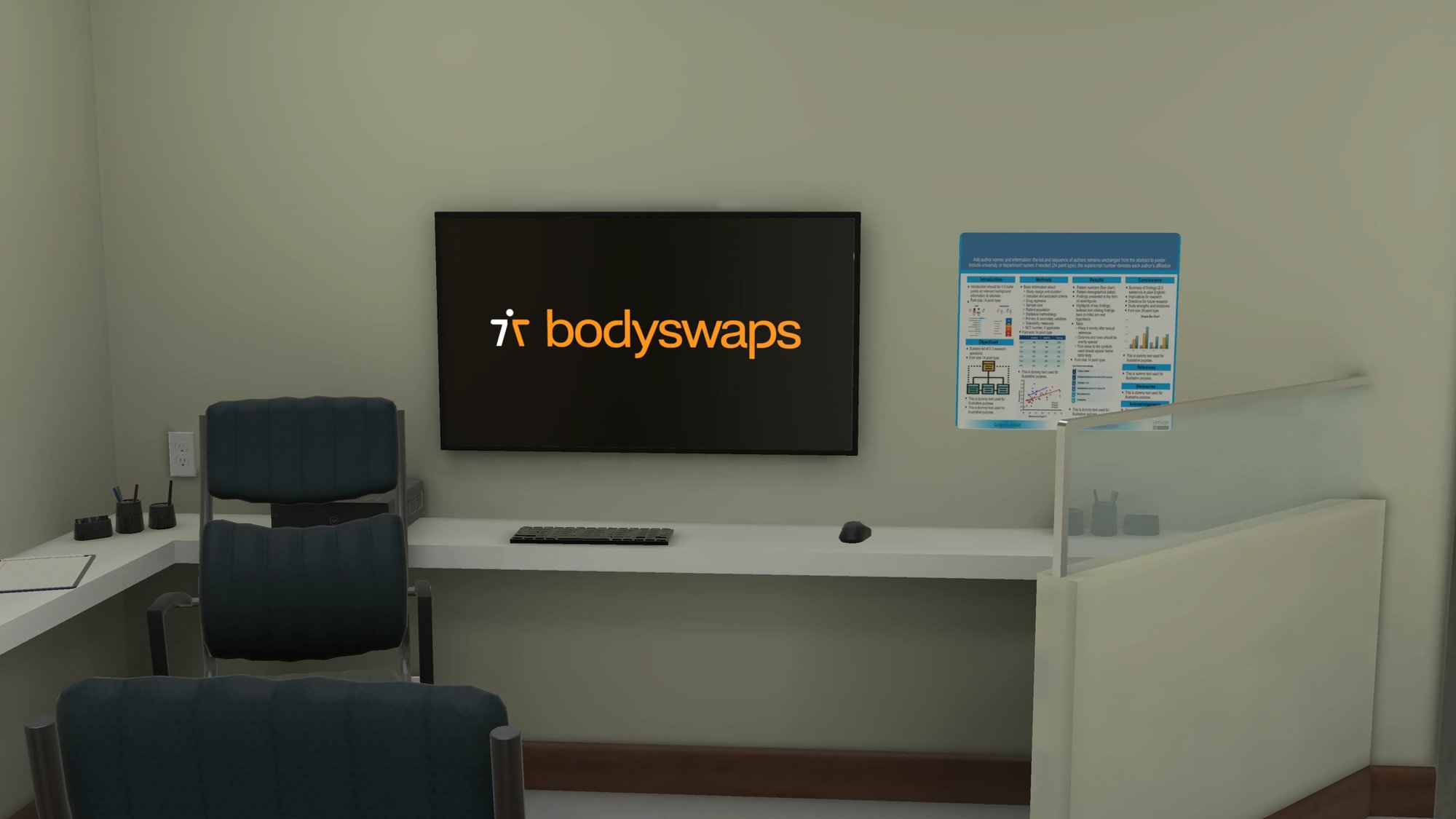 Environment, central nursing station with a Bodyswaps monitor, a white desk with keyboard and mouse, a blue and white informational poster, and two dark blue chairs.