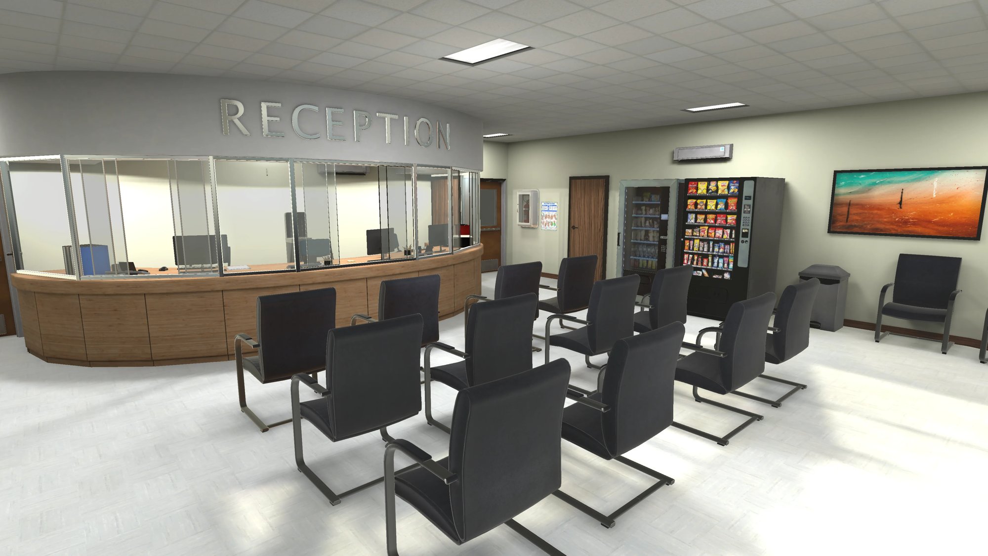 Environment, hospital reception area with reception desk and chairs, and a vending machine on the right side.
