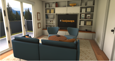 Environment tutor room with blue armchairs, wooden coffee table, shelving with TV displaying "Bodyswaps," and large window with view.